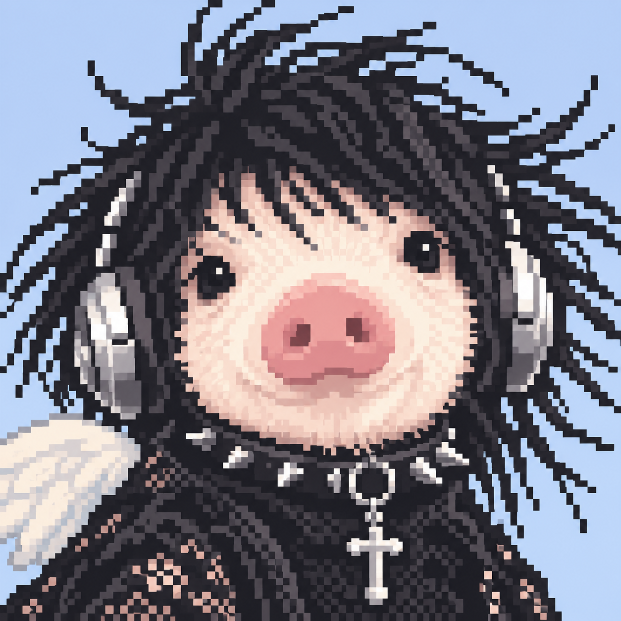 Emoink: a pixel art pig with black emo hair, silver headphones, tiny angel wings and a spiked collar.